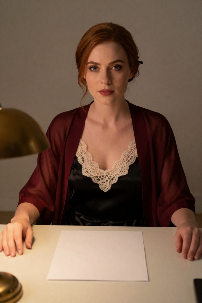 FuliCaddbk muse in a black silk slip dress with ivory lace and a sheer burgundy robe at a drafting desk