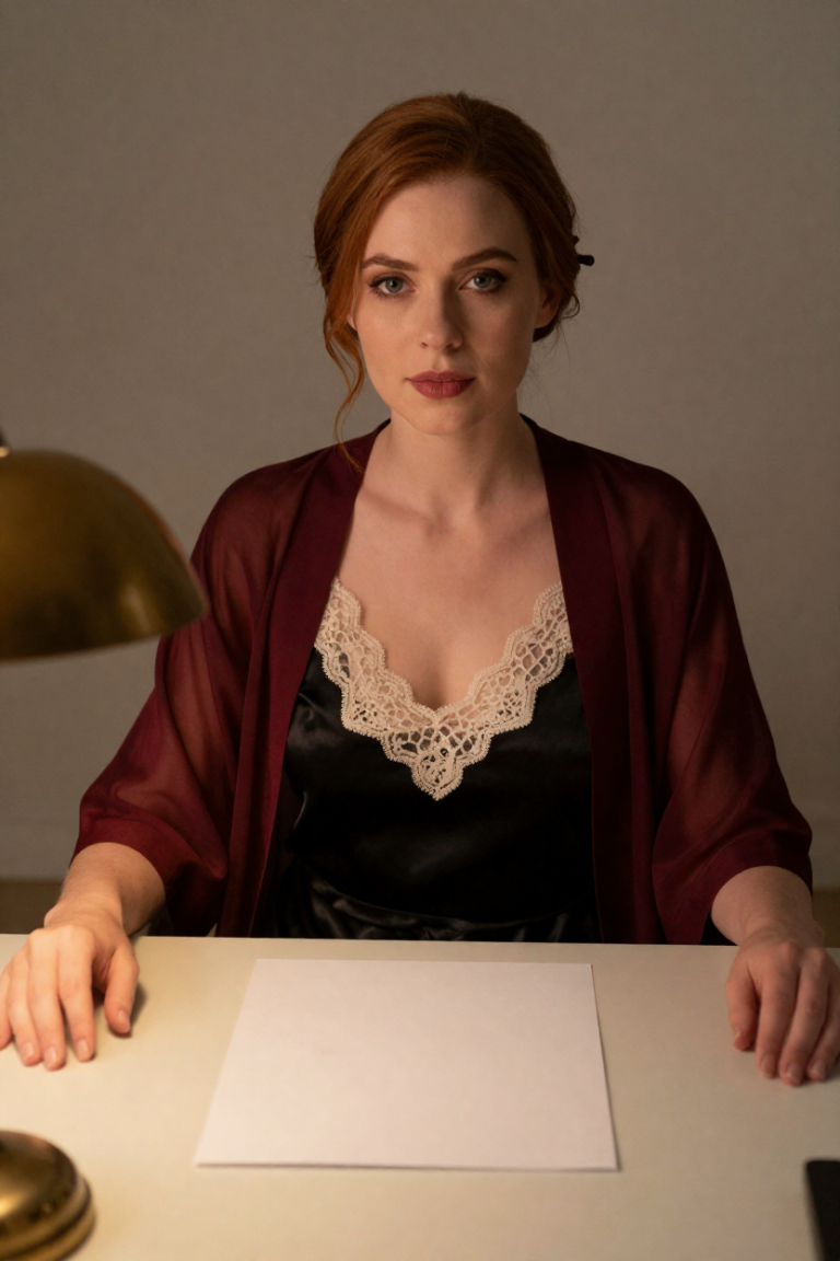 FuliCaddbk muse in a black silk slip dress with ivory lace and a sheer burgundy robe at a drafting desk